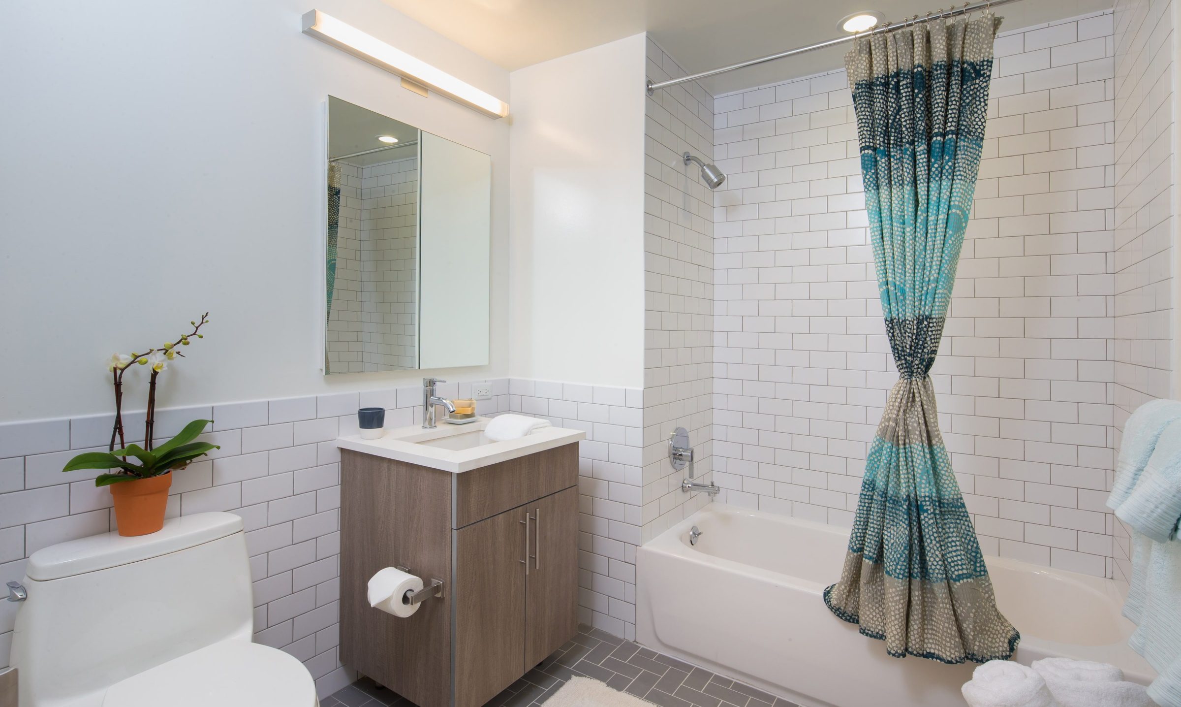Bathroom with subway tiled shower and walls