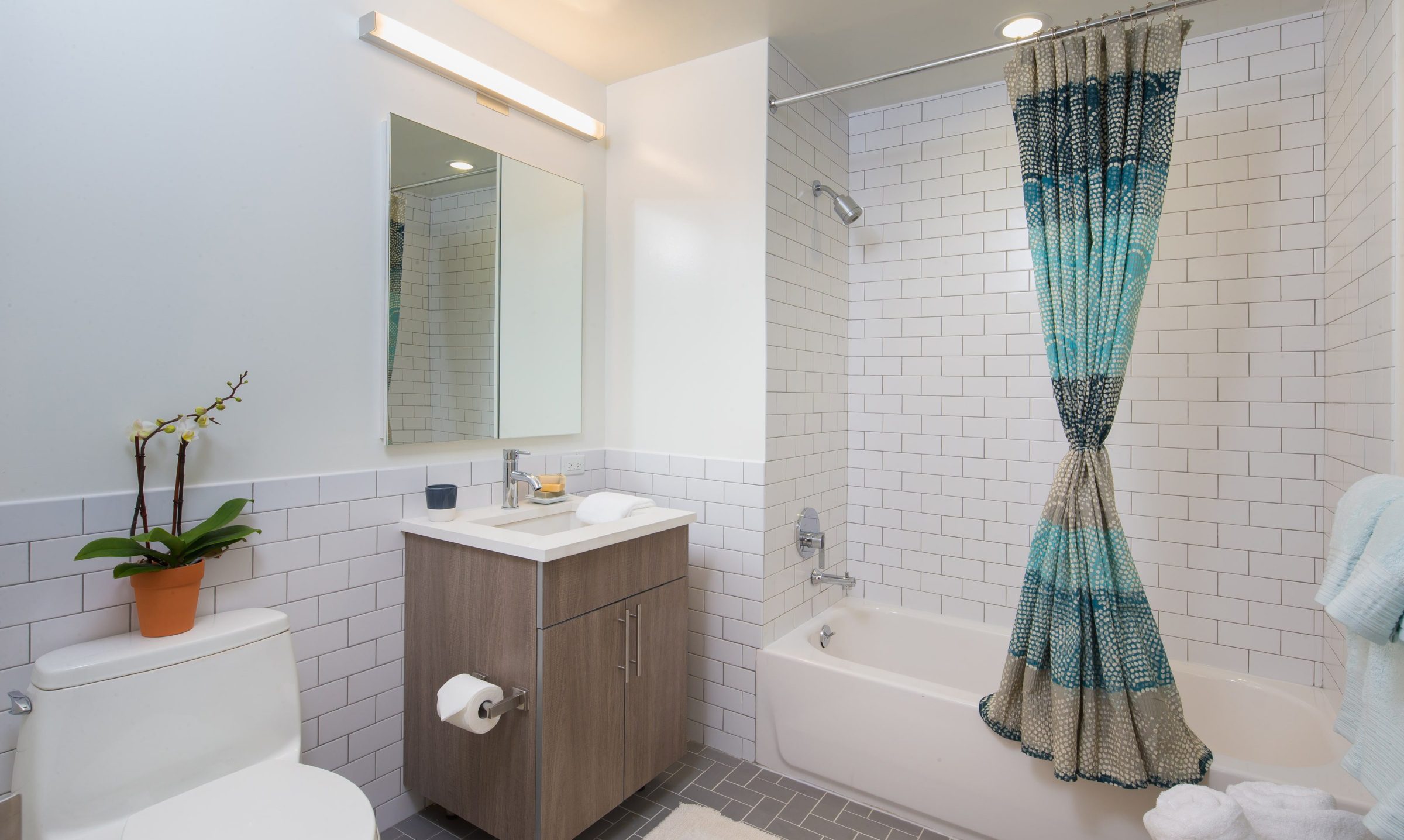 Bathroom with subway tiled shower and walls