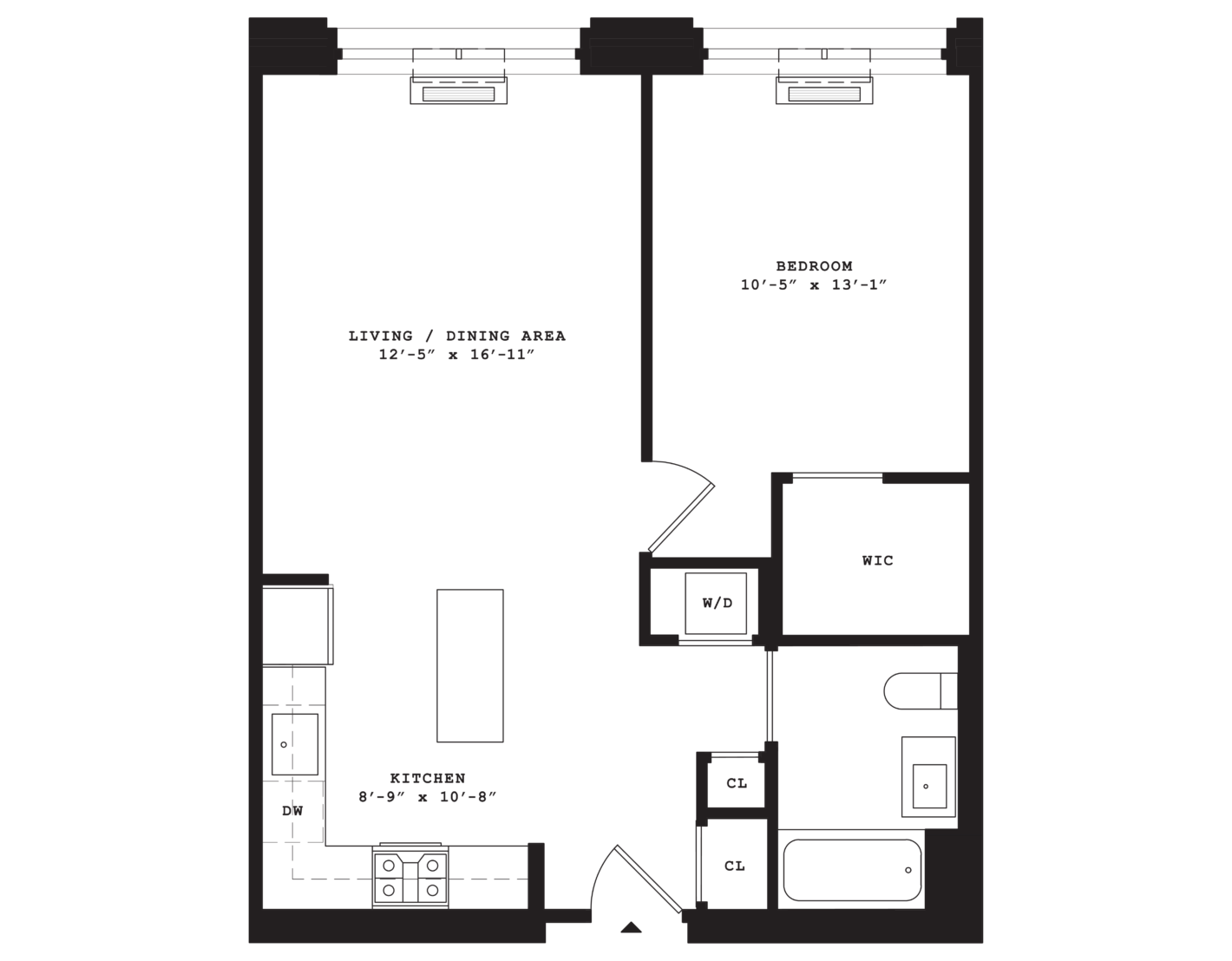 Eleven33 1 bedroom, 1 bathroom open layout floorplan with a large Master walk-in closet and a modern kitchen with island.
