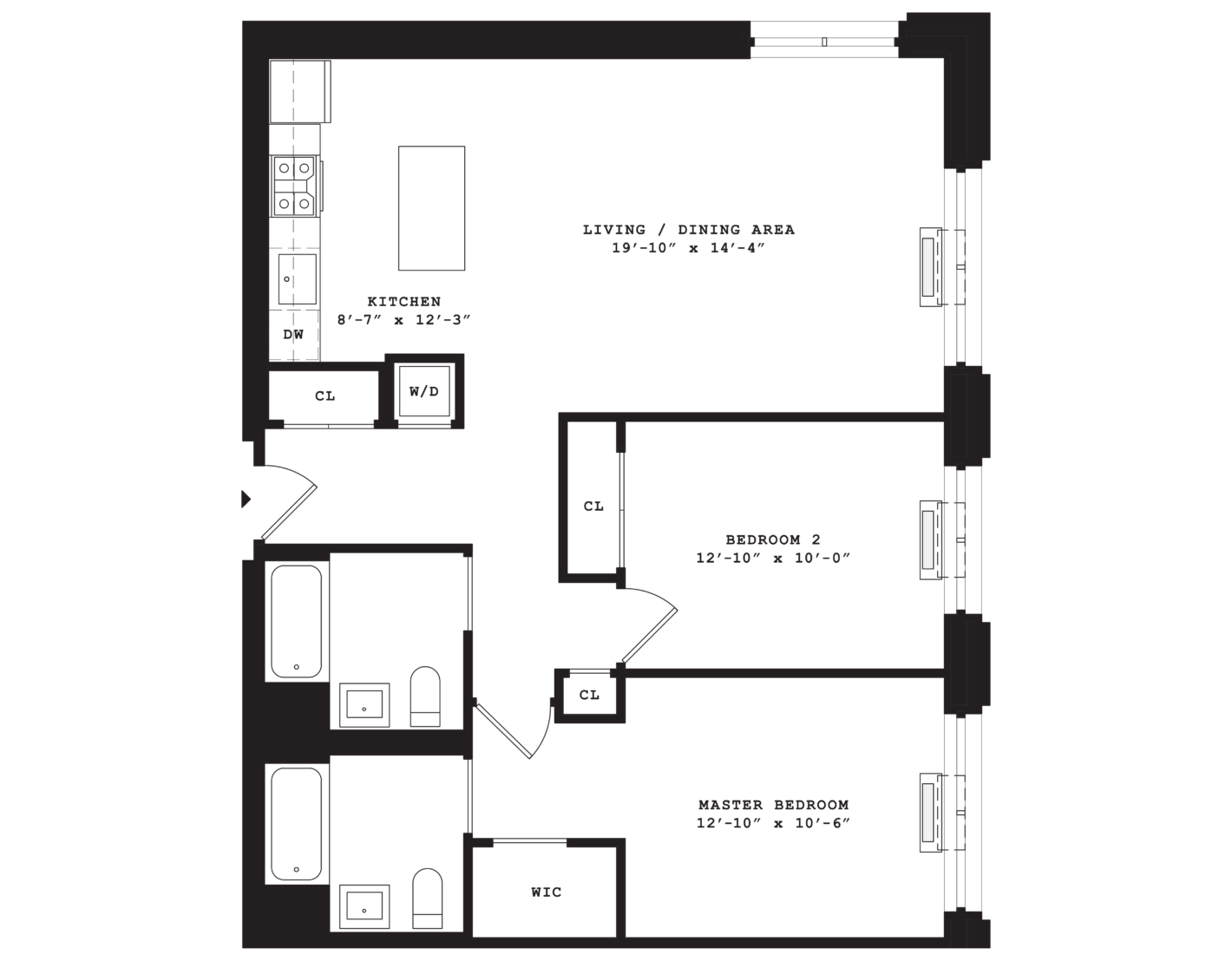 Eleven33 - Residence E - 2 bedroom, 2 bathroom with open floor layout and kitchen with island