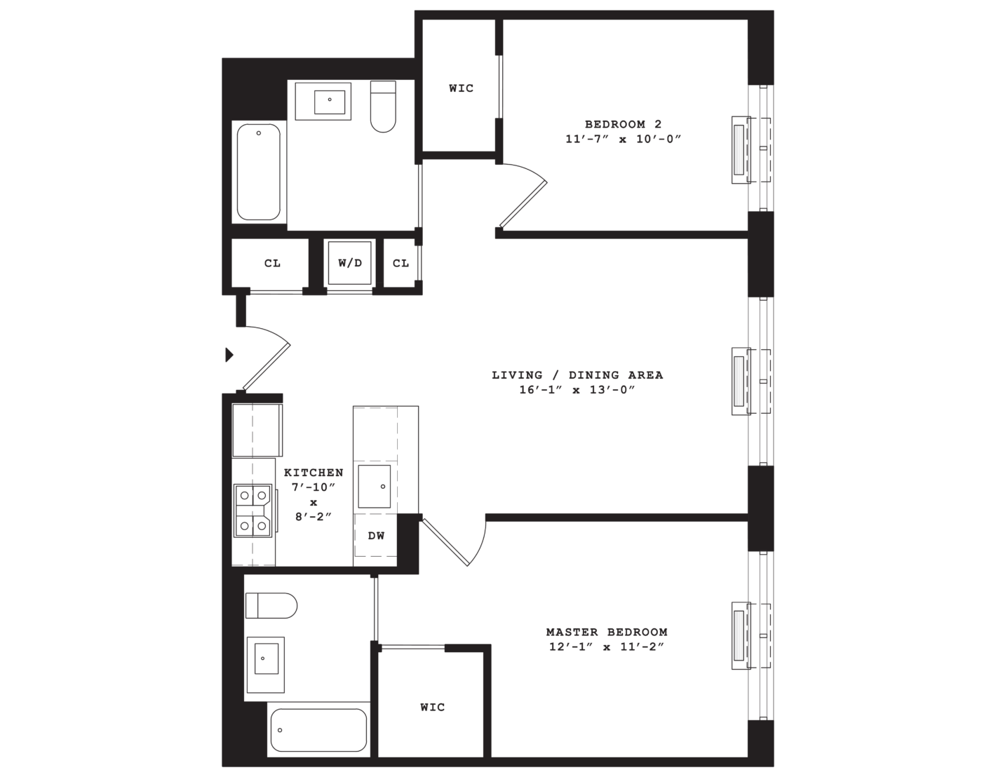 Eleven33 - Residence J - Large 2 bedroom, 2 bathroom floorplan. Master includes large walk-in closet and spacious kitchen.