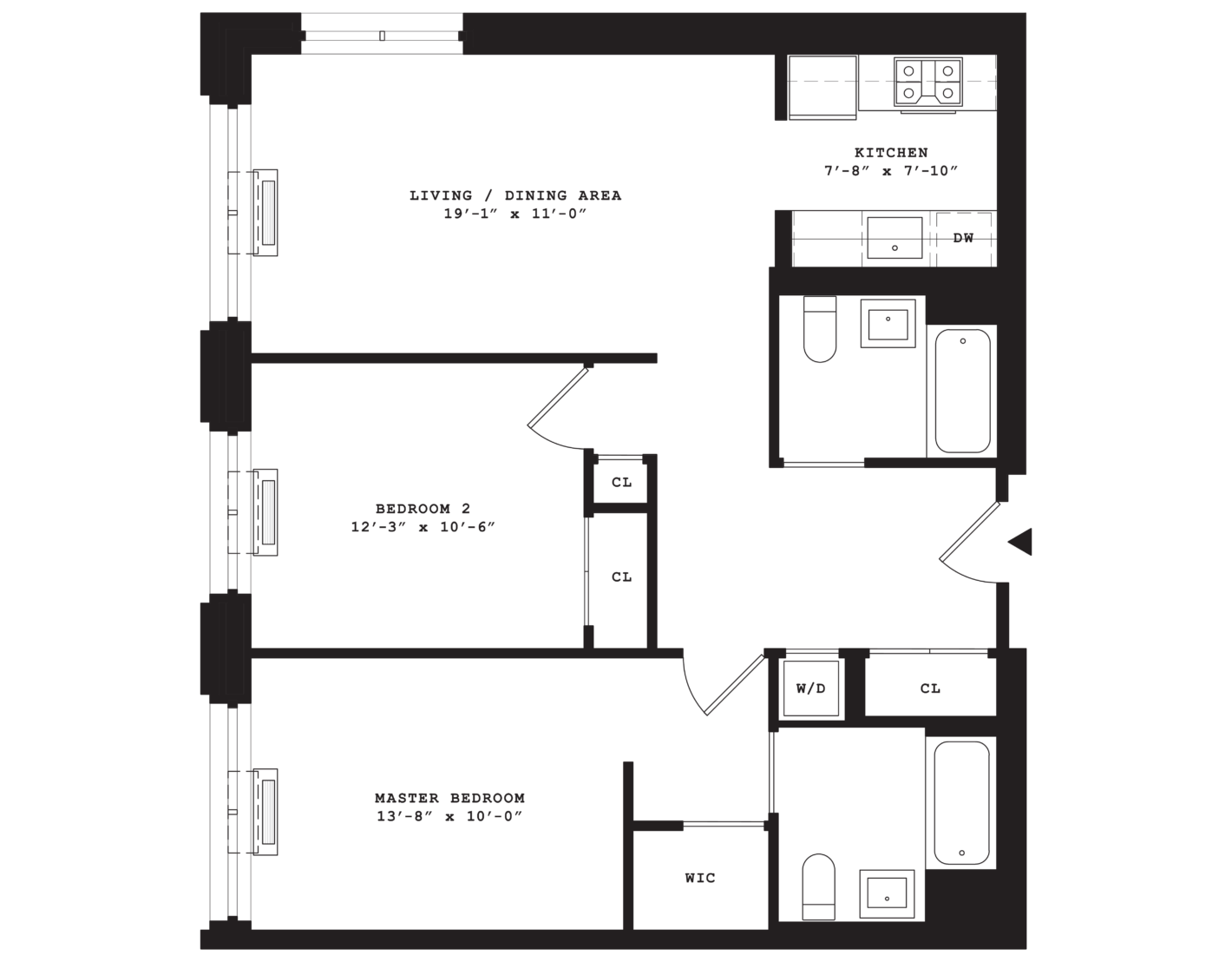 Eleven33 Residence O - large 2 bedroom, 2 bathroom floorplan with spacious bedrooms.