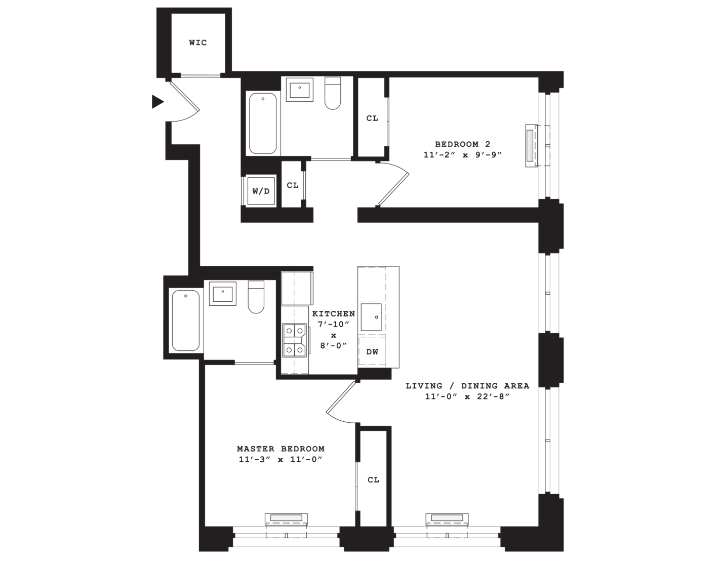 Eleven33 2 bedroom, 2 bathroom open layout floorplan with large dining and living area