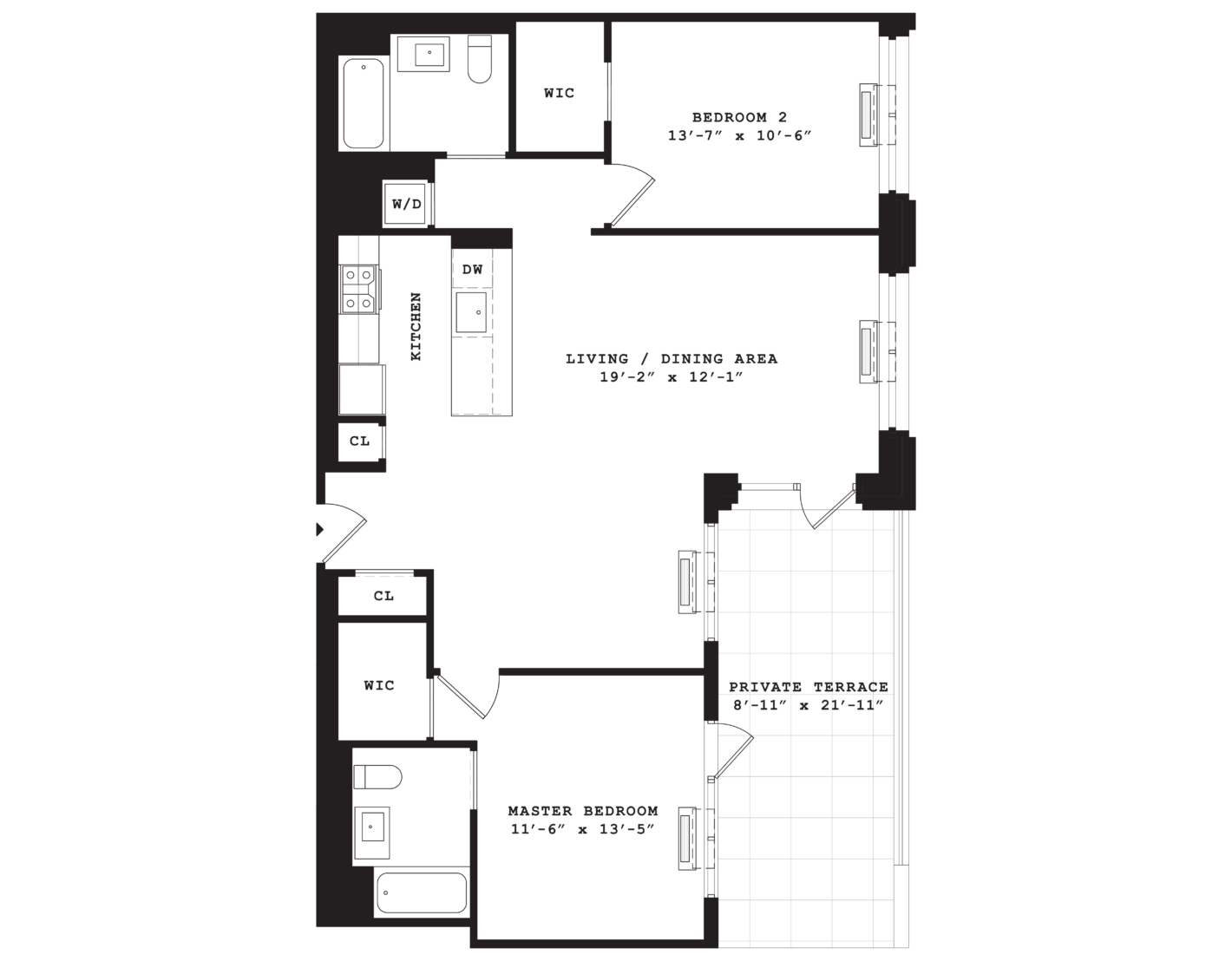 Eleven 33 large 2 bedroom, 2 bathroom open layout floorplan apartment